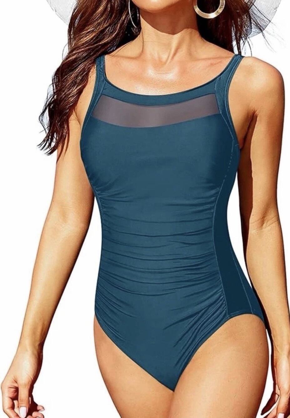 Tempt Me Women One Piece Mesh Swimsuit Tummy Control Teal Blue L